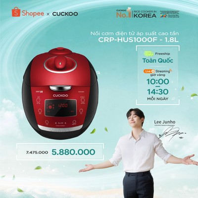 Nồi cơm điện tử áp suất cao tần Cuckoo 1.8 lít CRP-HUS1000F màu đỏ- lòng nồi chống dính cao cấp phủ Xwall Black