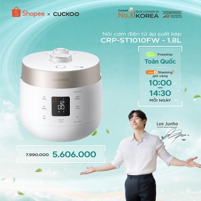Nồi cơm điện tử áp suất kép Cuckoo 1.8L CRP-ST1010FW - Lòng nồi phủ men Xwall- nội địa Hàn Quốc- Bảo hành 1 năm