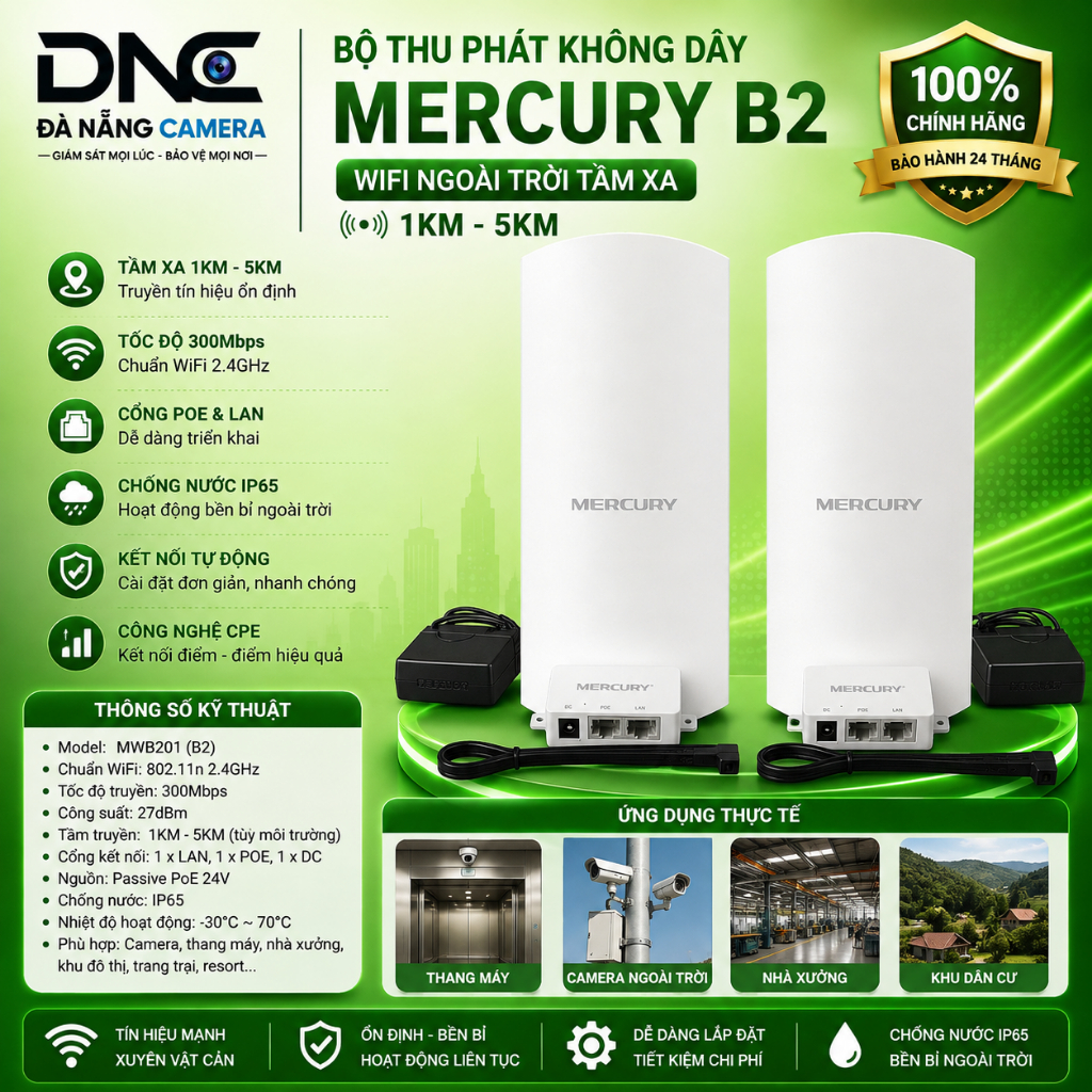 Bộ thu phát không dây, thang máy, wifi ngoài trời tầm xa 1km - 5km - Mercury B2, MWB201, MWB505