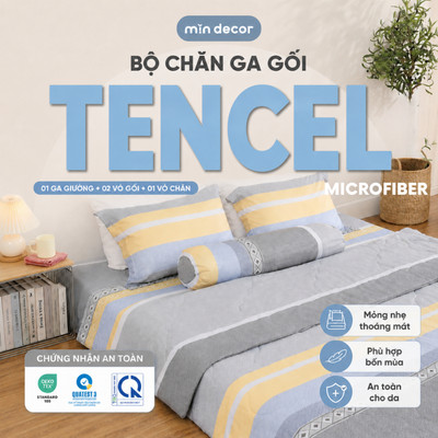 Bộ Chăn Ga Gối 5 Món Tencel Microfiber Mịn Decor, Bộ Chăn Drap Mền Mùa Hè Cao Cấp, Đủ Size