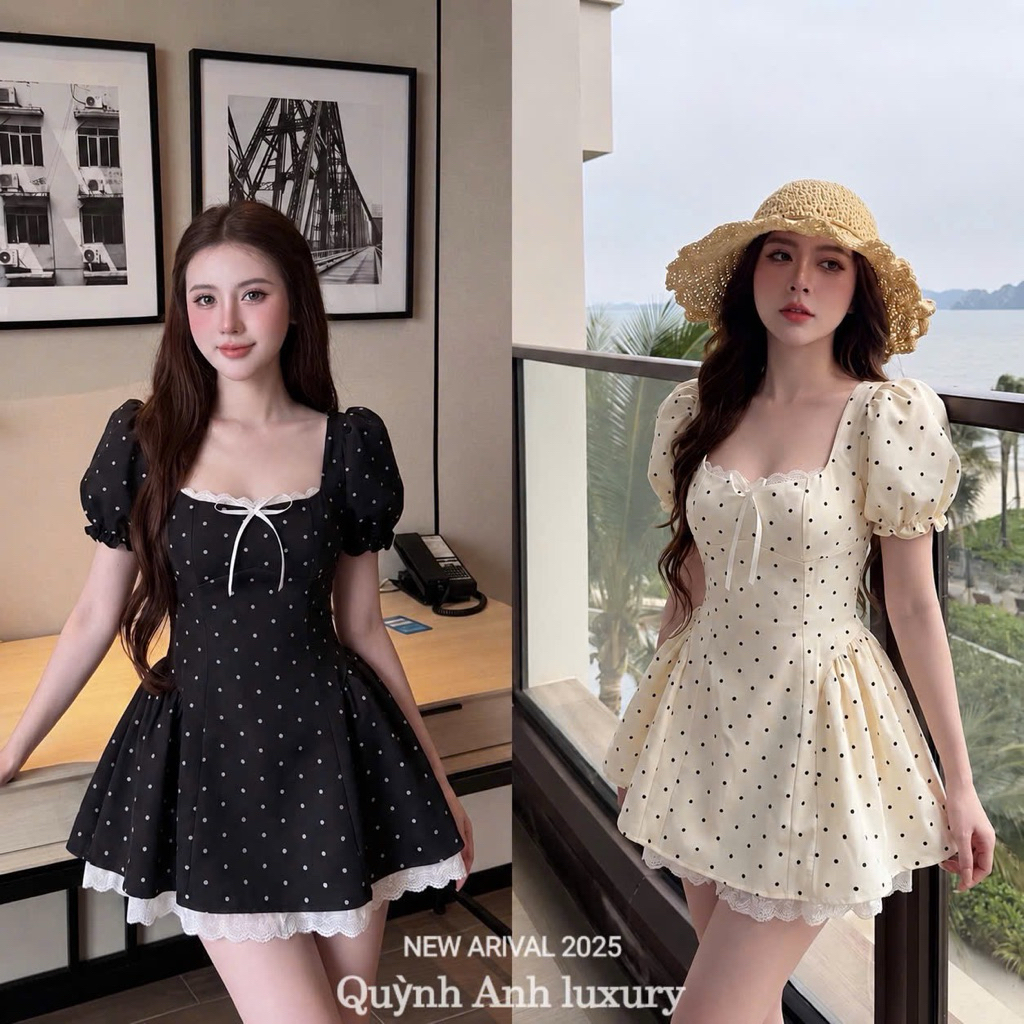 Váy hai dây cổ vuông pha viền ren khuy cúc bọc dáng xòe ngắn
