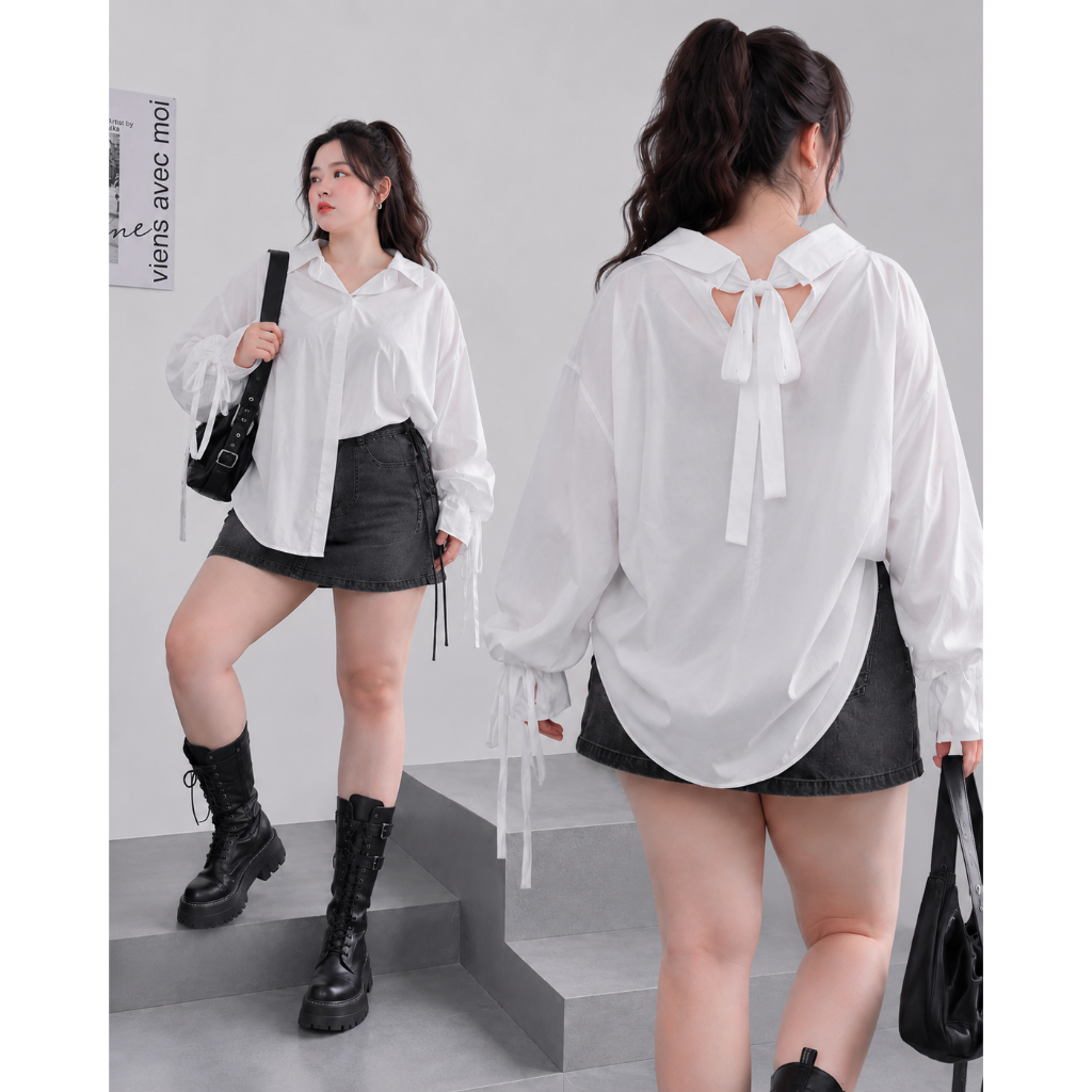 Áo Sơ Mi Cột Nơ Sau Bigsize Nhiều Màu Form Rộng Che Bụng Tôn Dáng Cho Người Mập 60-100kg