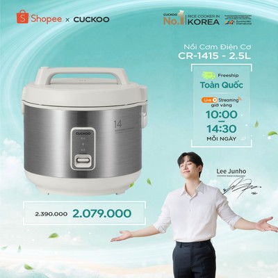 Nồi cơm điện Cuckoo 2,5 lít CR-1415/GWVNCV - Lòng nồi chống dính, thích hợp cho gia đình lớn và bếp ăn - Hàng chính hãng