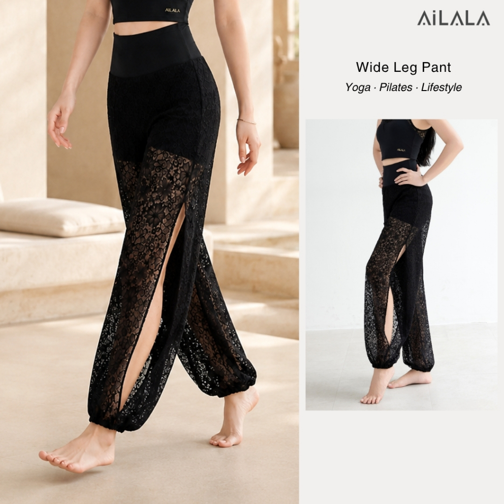 AiLALA LUX02 Quần Ống Rộng Nữ Cạp Cao, Quần Tập Yoga Pilates Phối Ren, Co Giãn 4 Chiều, Size S–XL