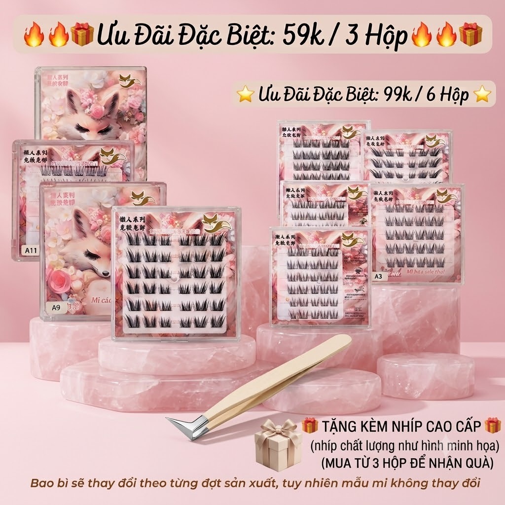 (Hỏa tốc)[59k/3 Hộp, 99K/6 hộp+nhíp mẫu mới]Lông mi giả cụm sẵn keo siêu nhẹ tự nhiên 14 mẫu tự chọn