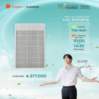 Máy Lọc Không Khí CUCKOO CAC-R1510FW/WHVNCV(S)-Dành cho không gian 39.6m2-Đèn LED cảm biến chất lượng không khí với 8 mứ