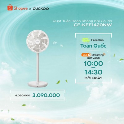 Quạt Tuần Hoàn Không Khí Có Pin Cuckoo CF-KFF1420NW-  24 cấp độ gió-Xoay 3D tự động đa chiều- Remote điều khiển từ xa