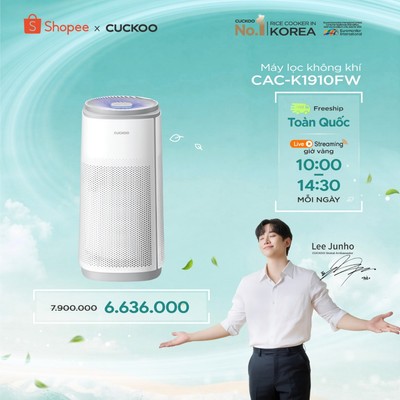 Máy lọc không khí Cuckoo 66m2 CAC-K1910FW - Lọc toàn diện 360 độ - Đèn LED hiển chất lượng không khí - Hàng chính hãng