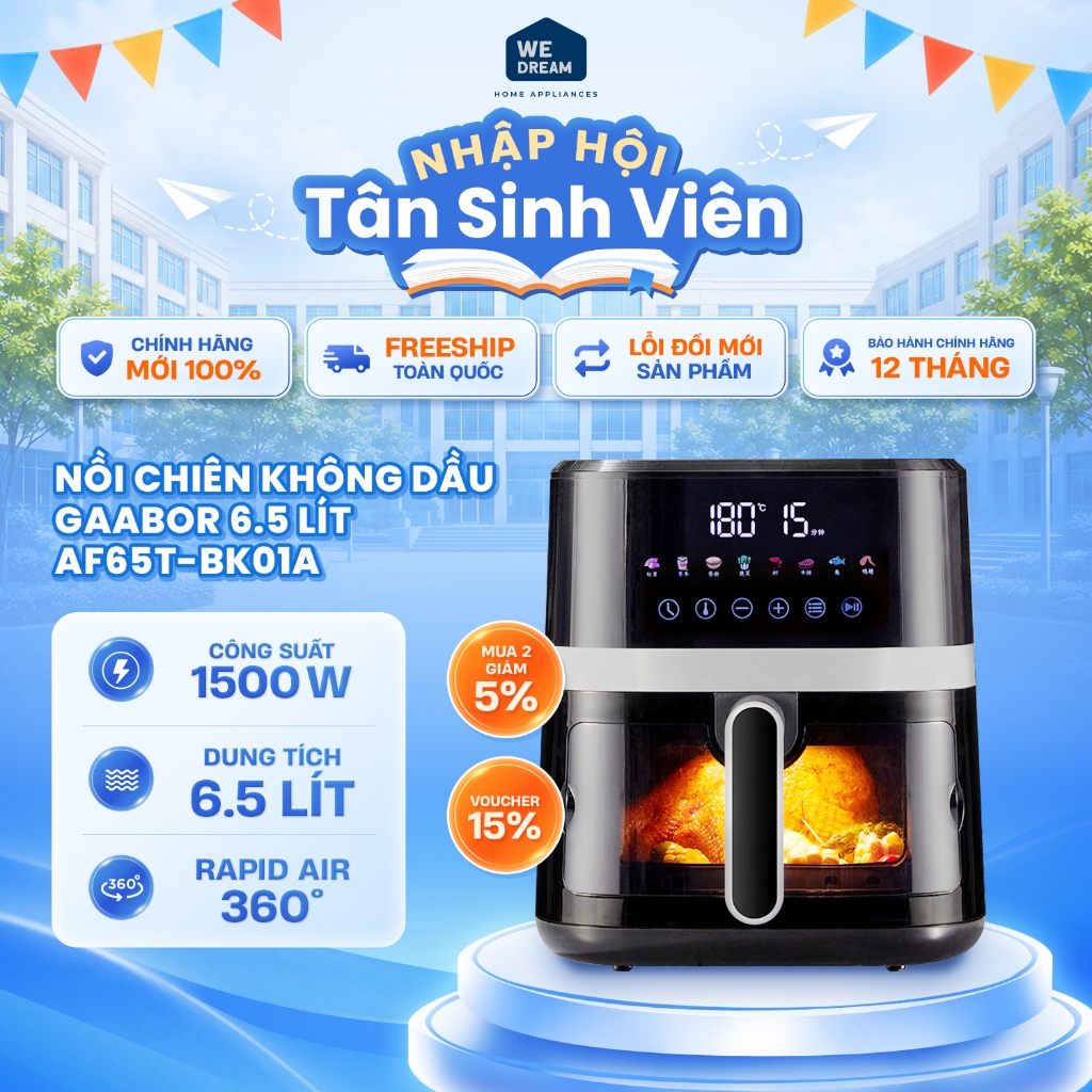 [Tặng khay Silicon] Nồi Chiên Không Dầu Gaabor AF65T-BK01A 6.5L - Hàng Chính Hãng
