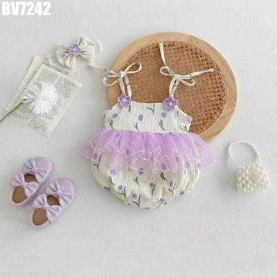 Body Váy Bé Gái Sơ Sinh Hai Dây Buộc Nơ Đính Hoa Len Kèm Mũ Mùa Hè MINTSCLOSET BV7259