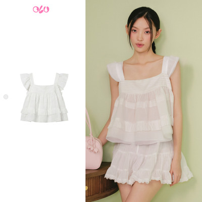 Áo 2 dây cổ vuông OLV White Cotton Lace Trim Babydoll Top phù hợp mùa hè đi chơi đi biển