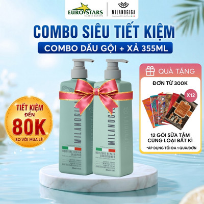 Combo Dầu Gội & Xả hương nước hoa Milanogica 355ml Phục hồi hư tổn, Gỉảm gàu sạch ngứa da đầu