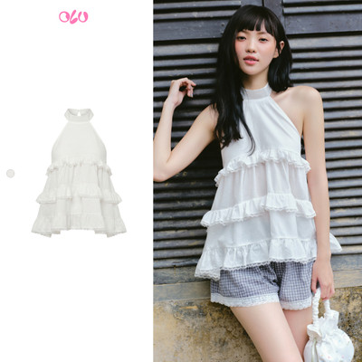 Áo OLV cổ yếm White Tiered Ruffled Halter Neck Top phù hợp đi làm đi chơi