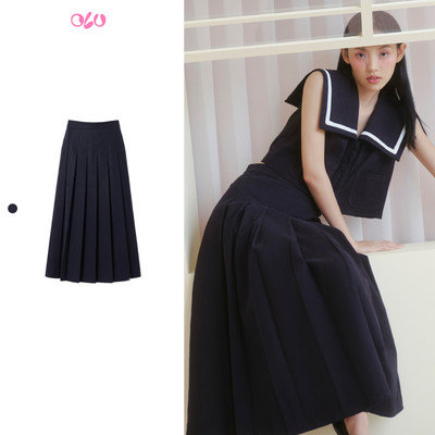 Chân váy OLV maxi xếp ly nhẹ Navy Pleated A Line Midi Skirt thanh lịch phù hợp đi chơi đi làm