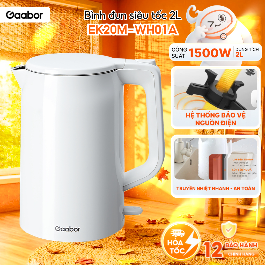 Bình đun siêu tốc Gaabor EK20M-WH01A dung tích lớn 2L công suất 1500W lòng ấm thép đúc liền kề dễ vệ