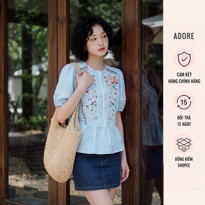 [ ADORE ]Áo peplum xanh thiên thanh thêu thân trước 611TO1008