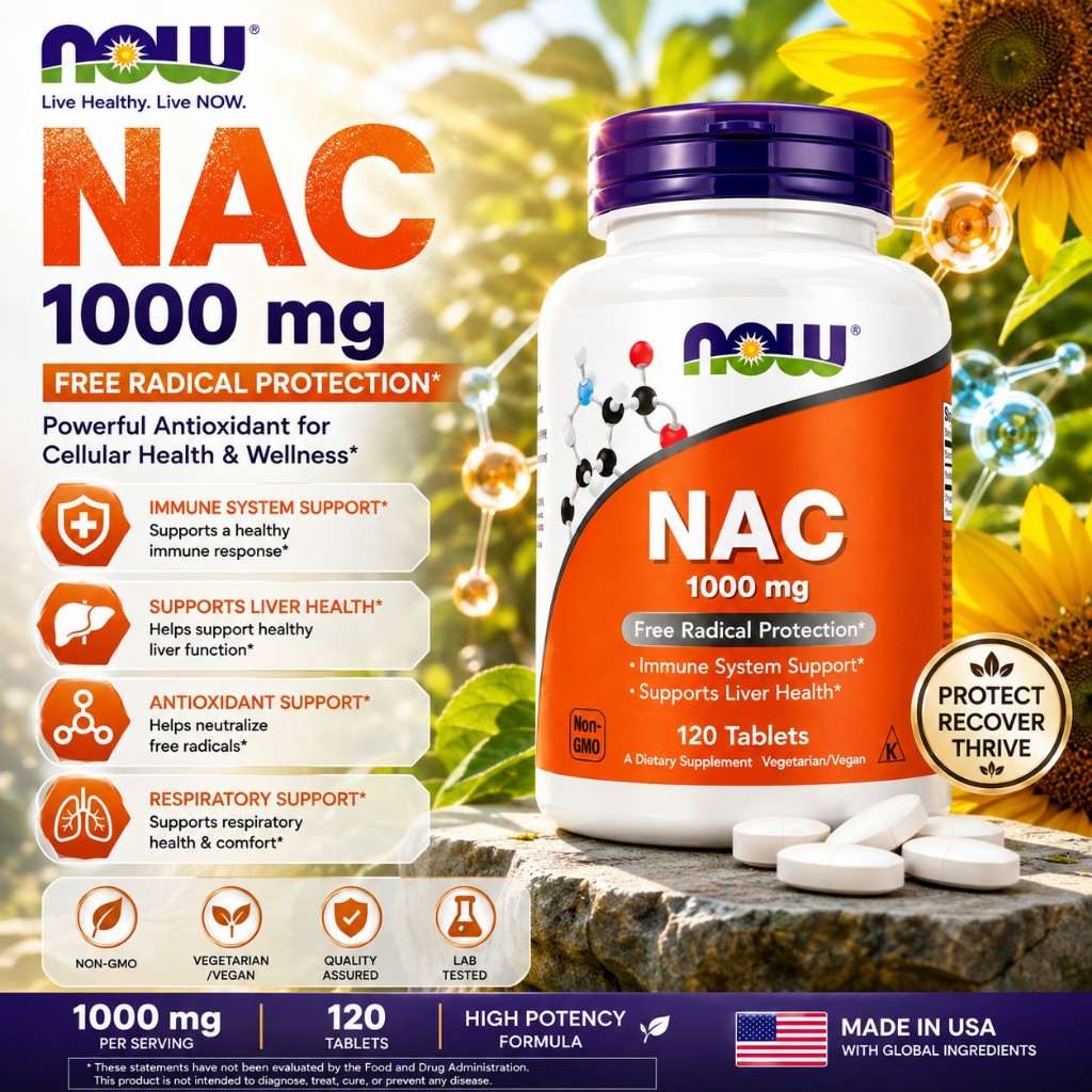 Viên Uống NAC 1000 mg 120 viên NOW Hỗ Trợ Giải Độc Gan, Tăng Sinh Glutathione, Tăng Cường Sức Khoẻ