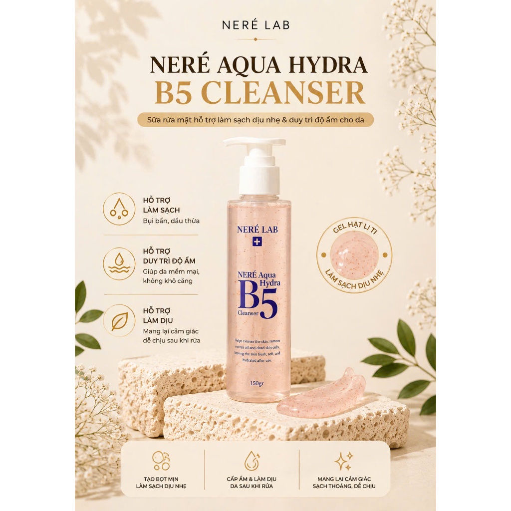Sữa Rửa Mặt Neré Aqua Hydra B5 Cleanser 150g | Làm Sạch Dịu Nhẹ, Hỗ Trợ Cấp Ẩm, B5 & Bột Hạt Mơ