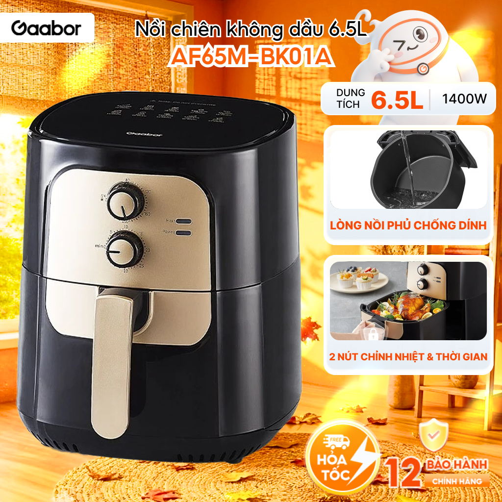 Nồi chiên không dầu GAABOR AF65M-BK01A dung tích lớn 6.5 lít, công suất 1400W đa năng có menu gợi ý