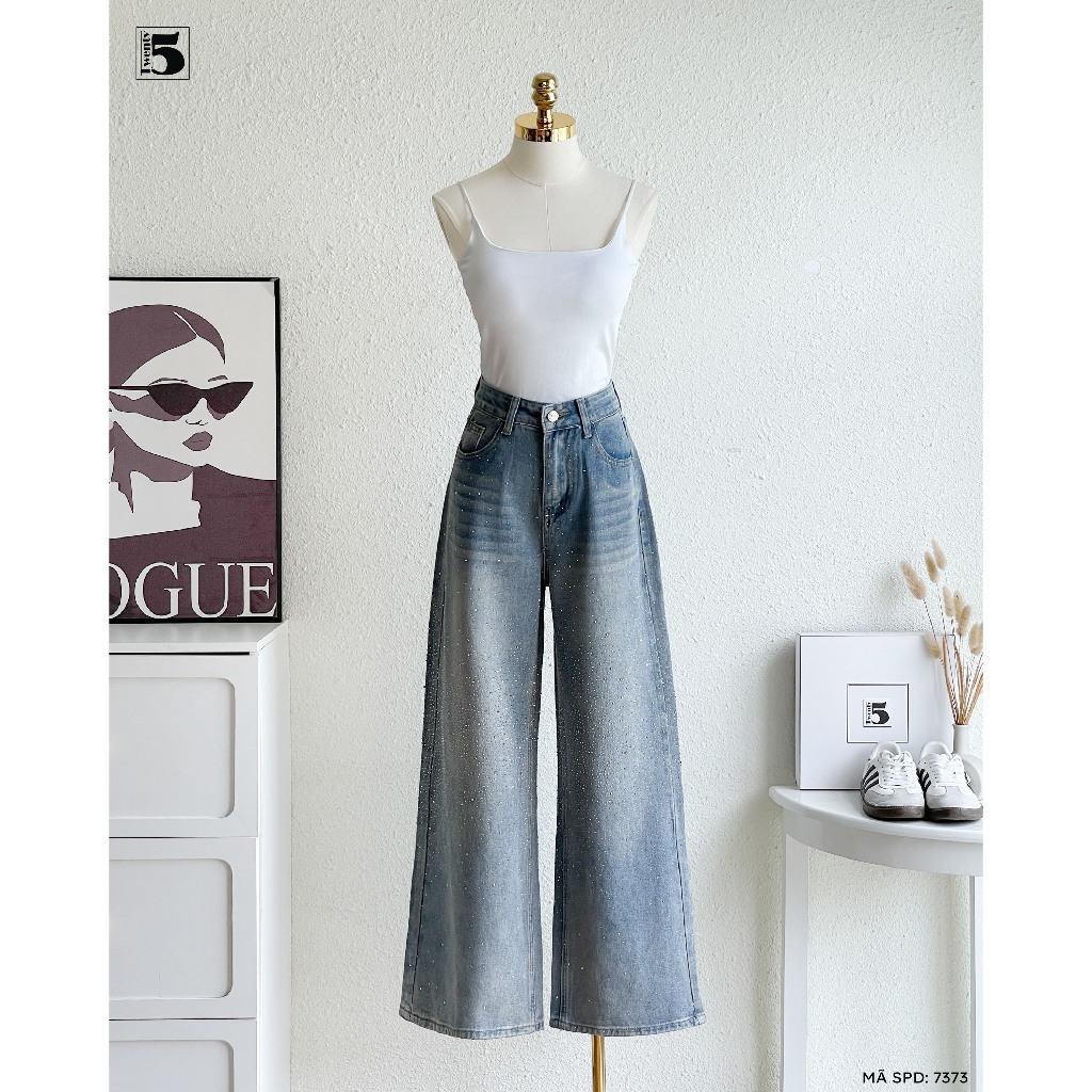 Quần Jeans ống suông Twentyfive vải óng ánh cạp cao tôn dáng 7373