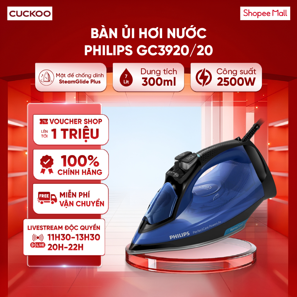 Bàn ủi hơi nước Philips GC3920/20 2500W - OptimalTEMP - Mặt đế SteamGlide Plus
