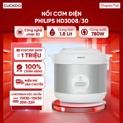 Nồi cơm điện nắp gài Philips 1.8 lít HD3008/30 780W - Công nghệ gia nhiệt 3D - Chính Hãng