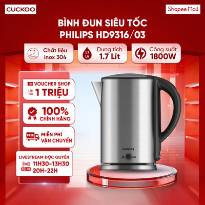 Ấm siêu tốc Philips HD9316/03 1.7L - 1800W - Giữ ấm lâu hơn - Chính hãng