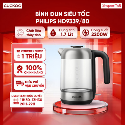 Ấm siêu tốc 1.7 lít Philips HD9339/80 1850-2200W - Bình đun bằng thủy tinh