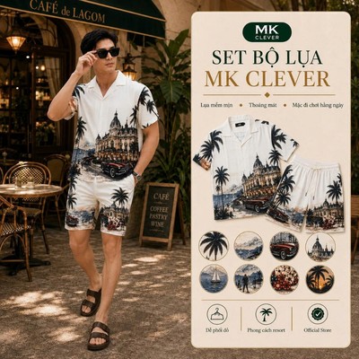 Set Bộ Nam mùa hè MK CLEVER chất lụa mịn mát, áo thiết kế cổ Cuban thoáng mát, trẻ trung thích hợp đi chơi, đi biển