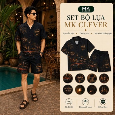 Set Bộ Lụa Nam mùa hè MK CLEVER chất lụa mịn mát, áo thiết kế cổ Cuban thoáng mát, trẻ trung thích hợp đi chơi, đi biển
