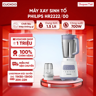 Máy xay sinh tố Philips HR2222/00 700W - Bao gồm 2 cối xay: Cối thủy tinh 1.5L và cối nhựa 0.5L