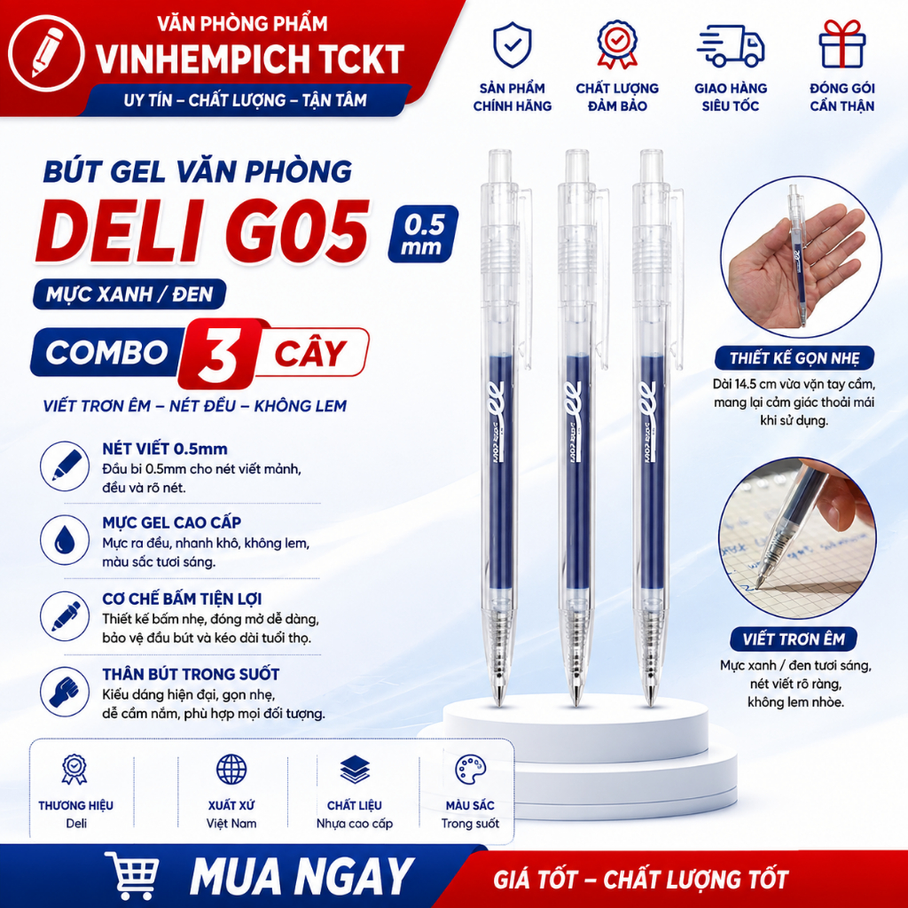 combo 3 Bút Gel Văn Phòng 0.5 mm - Deli G05 mực xanh / đen