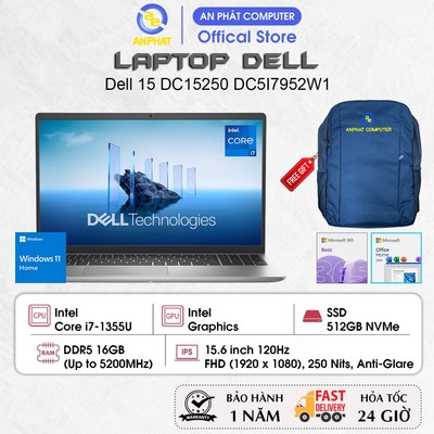 Laptop Dell 15 DC15250 DC5I7952W1, Core i7-1355U, 16GB RAM, 512GB SSD, 15.6 FHD IPS 120Hz, Win11, Office24, Basic365