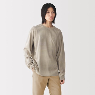 [26AW] MUJI Áo Thun Nam Vải Jersey Kẻ Sọc Cổ Tròn Tay Dài