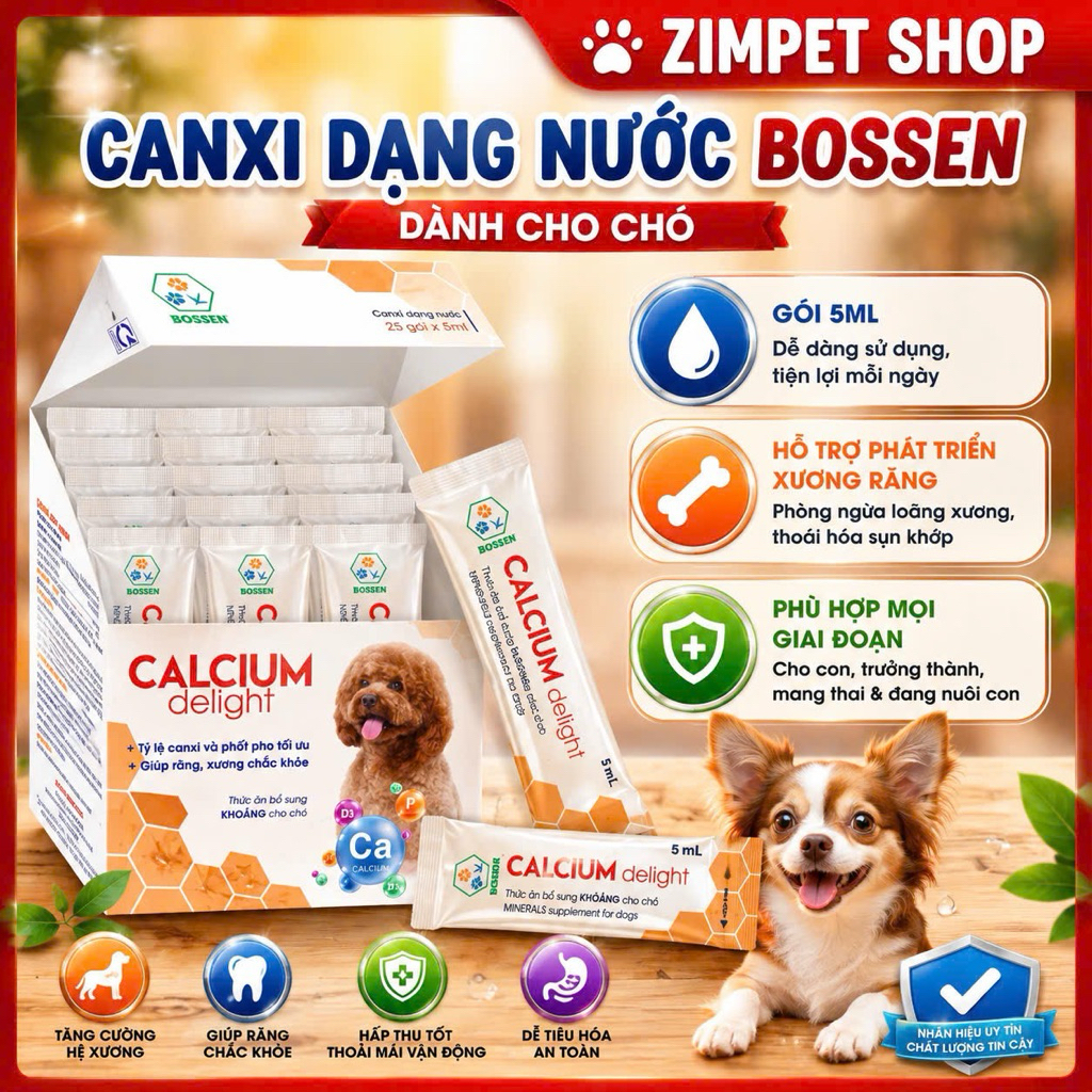 Canxi Dạng Nước Cho Chó Bossen Calcium Delight – Hộp 20 Gói
