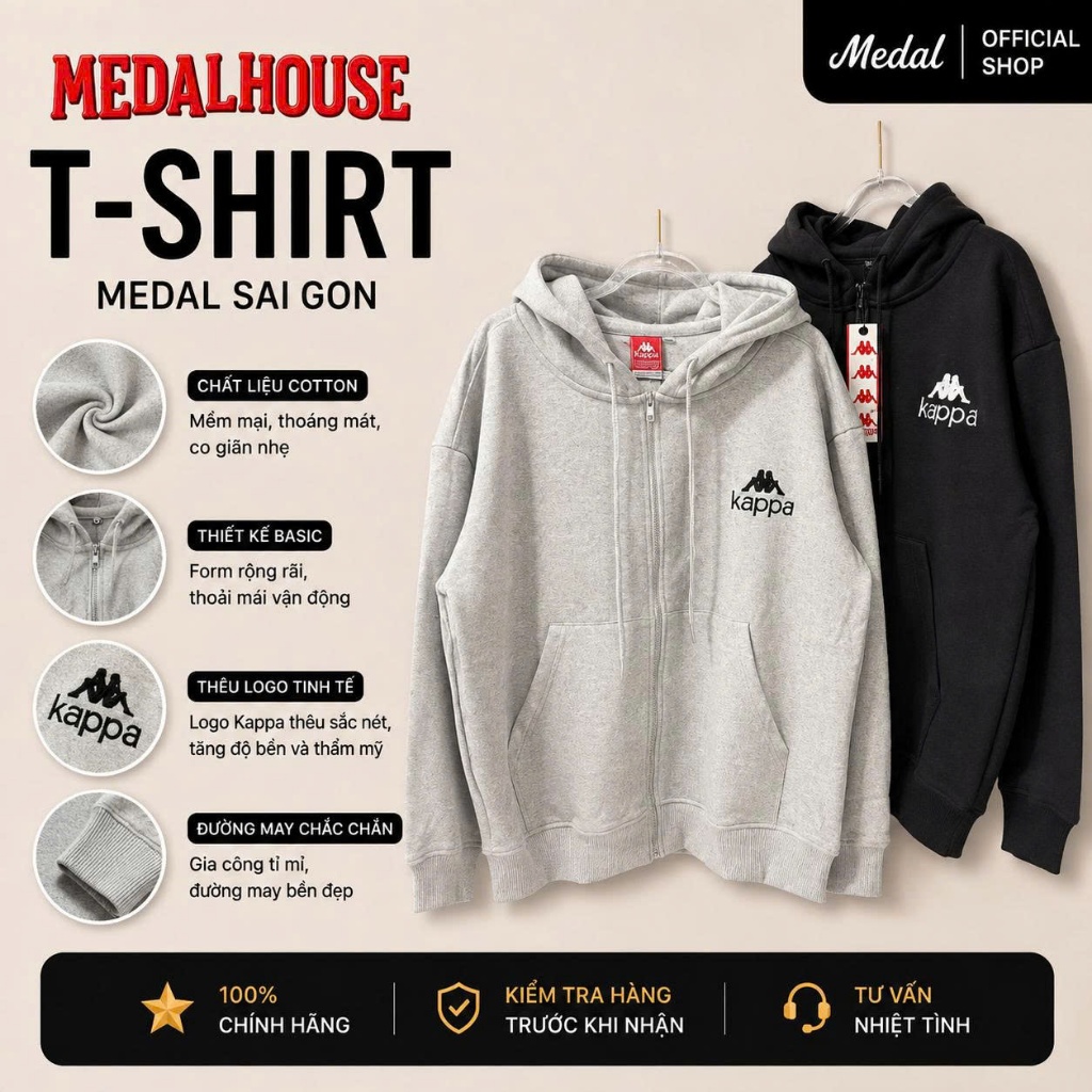 Áo hoodie zip unisex medal.Saigon thêu logo Kappa trước ngực phối chữ Kappa sau nón, áo khoác nỉ có 