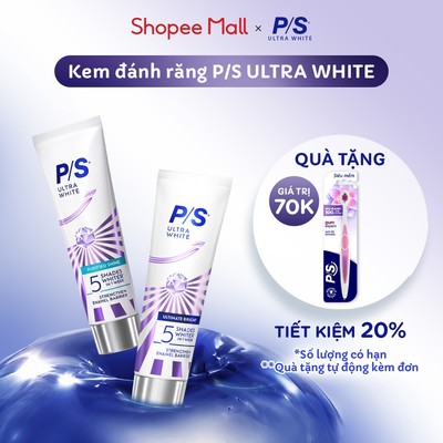 [MỚI][TẶNG BÀN CHẢI] Combo 2 Kem đánh răng P/S Ultra White Trắng Bật 5 Tông 100g | Tặng Bàn Chải P/S Chăm Sóc Nướu