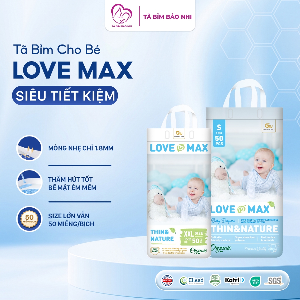 Tã bỉm Love Max organic chính hãng, bỉm dán quần siêu tiết kiệm, an toàn cho bé size NB - 5XL