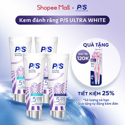 [LIVE][TẶNG 2 BÀN CHẢI] Combo 4 Kem đánh răng P/S Ultra White Trắng Bật 5 Tông 100g|Tặng Bộ 2 Bàn Chải P/S Chăm Sóc Nướu