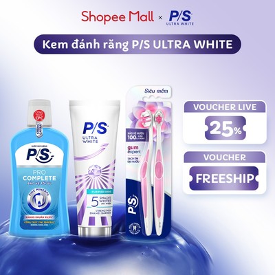 [LIVE] Kem đánh răng P/S Ultra White Trắng Bật 5 Tông 100g+Bộ 2 Bàn Chải P/S Chăm Sóc Nướu+Nước Súc Miệng P/S 500ml