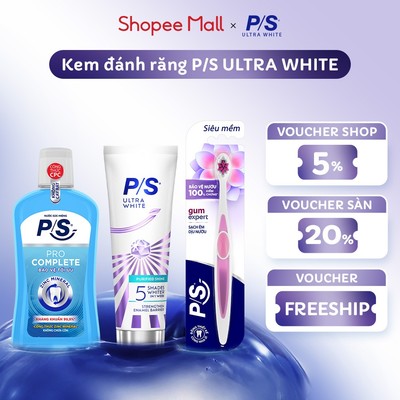 [MỚI]Kem đánh răng P/S Ultra White Trắng Bật 5 Tông 100g+Bàn Chải P/S Chăm Sóc Nướu+Nước Súc Miệng P/S Kháng Khuẩn 500ml