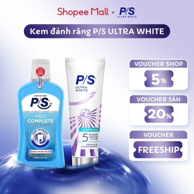 [MỚI] Kem đánh răng P/S Ultra White Trắng Bật 5 Tông 100g + Nước Súc Miệng P/S Kháng Khuẩn 500ml