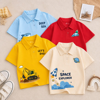 Áo polo bé trai in hình cần cẩu, cá mập, chất liệu thun cotton 4 chiều size từ 15-40kg Loza Kids PL004