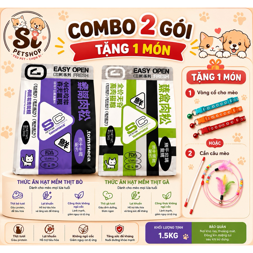 😻Hạt sc (s1,s2,sc1,sc2) cho mèo túi 1.5kg- thức ăn hạt khôn cho mèo top ping ruốc và thịt xấy 😍