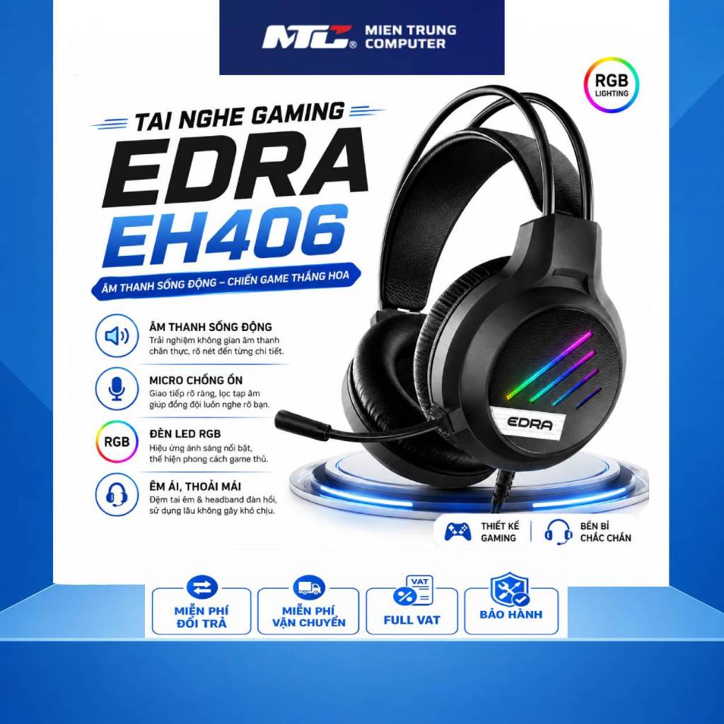 Tai Nghe Gaming EDRA EH406 Led Rainbow, Micro đa hướng (Hàng Chính Hãng)