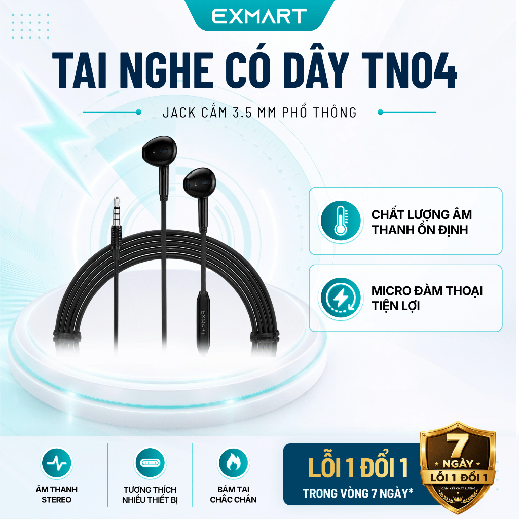 Tai Nghe Có Dây EXMART TN04 Jack 3.5 mm - Hàng Chính Hãng, Lỗi 1 Đổi 1 Trong 7 Ngày