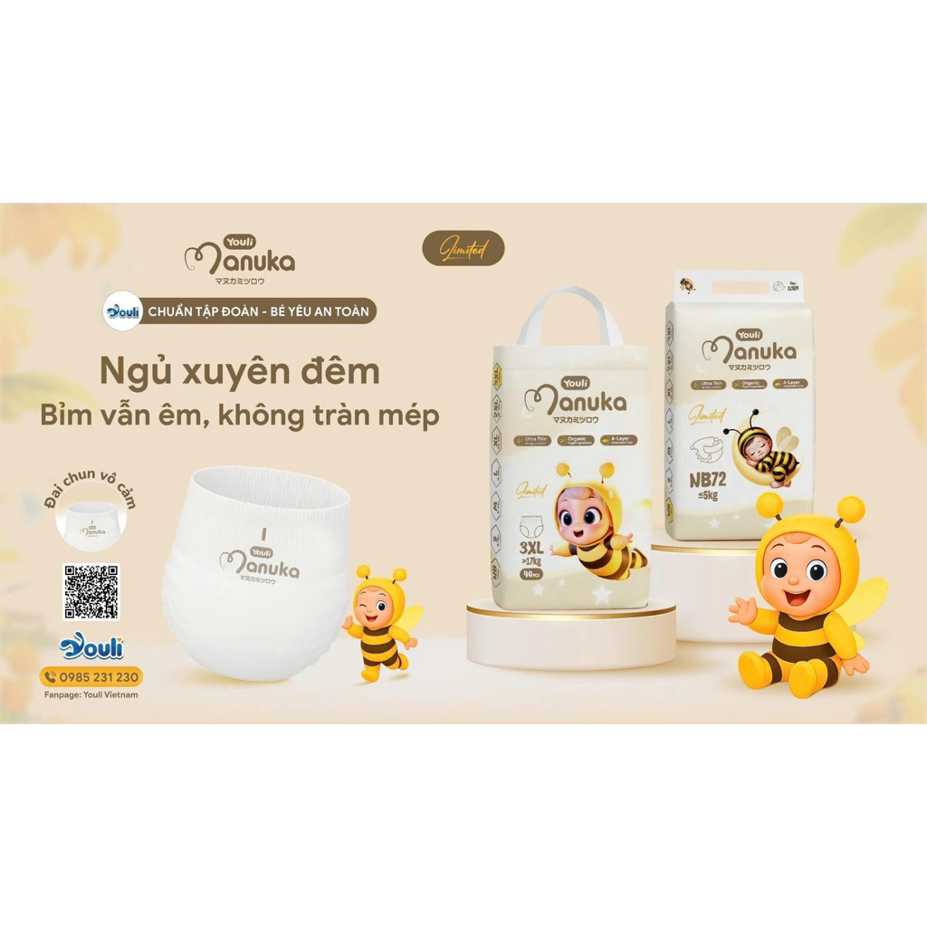 Bỉm Youli Manuka Limited Chính Hãng - Mỏng Nhẹ, Thấm Hút Xuyên Đêm, Chống Tràn Mép