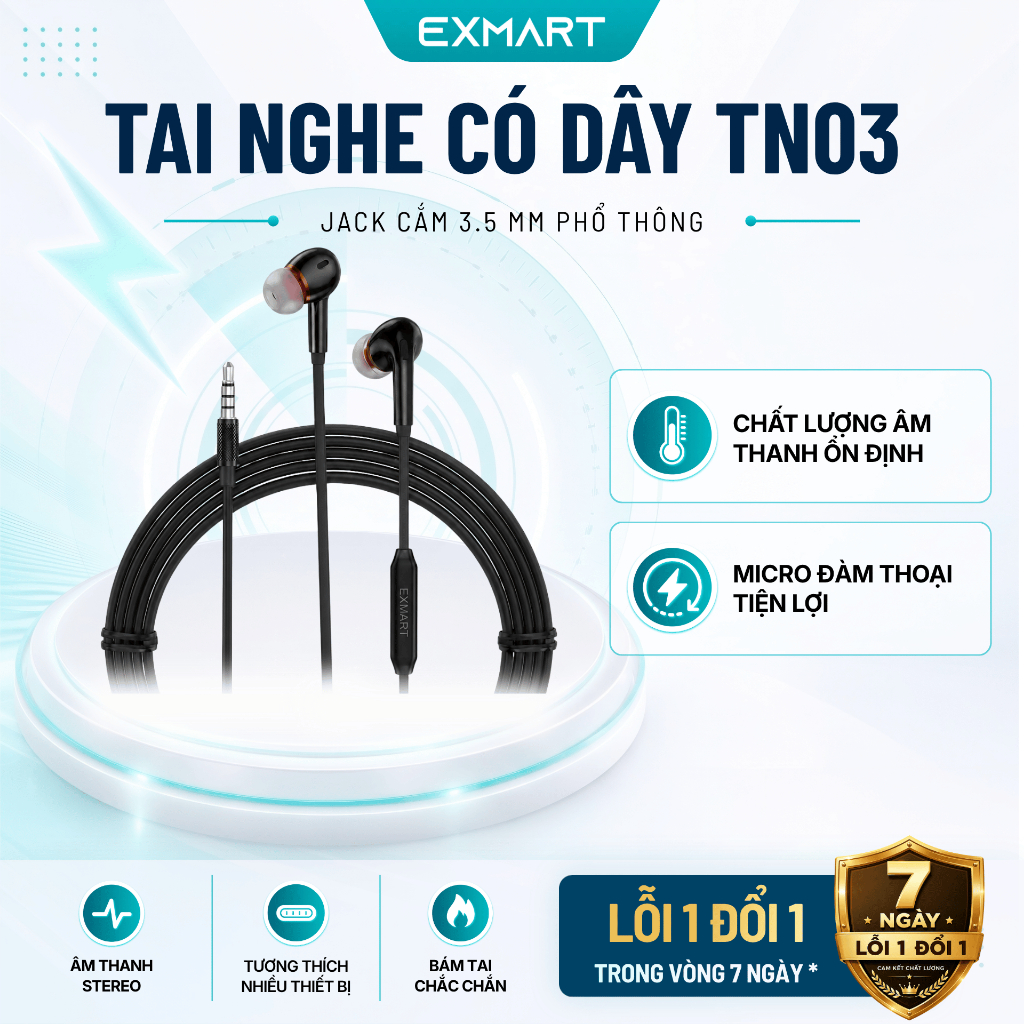 Tai Nghe Có Dây EXMART TN03 Jack 3.5 mm - Hàng Chính Hãng, Lỗi 1 Đổi 1 Trong 7 Ngày