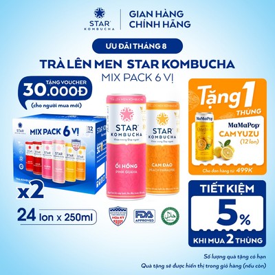 Combo 2 Thùng Trà Lên Men STAR KOMBUCHA Mix 6 Vị (24 Lon x 250ml) Thức Uống PROBIOTICS Tự Nhiên Từ Trà, SCOBY, Thảo Mộc
