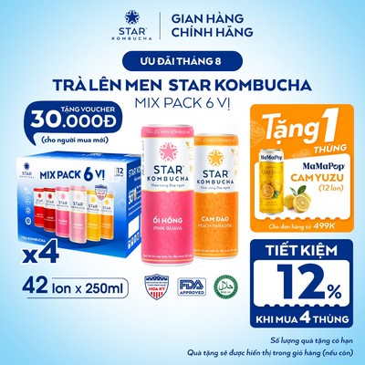 Combo 4 Thùng Trà Lên Men STAR KOMBUCHA Mix 6 Vị (48 Lon x 250ml) Thức Uống PROBIOTICS Tự Nhiên Từ Trà, SCOBY, Thảo Mộc